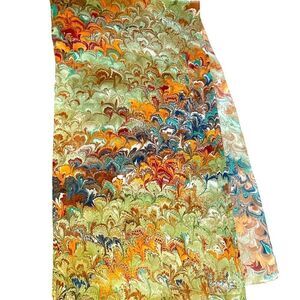 Vintage silk bargello print green gold blue rust white scarf  15” x 58”